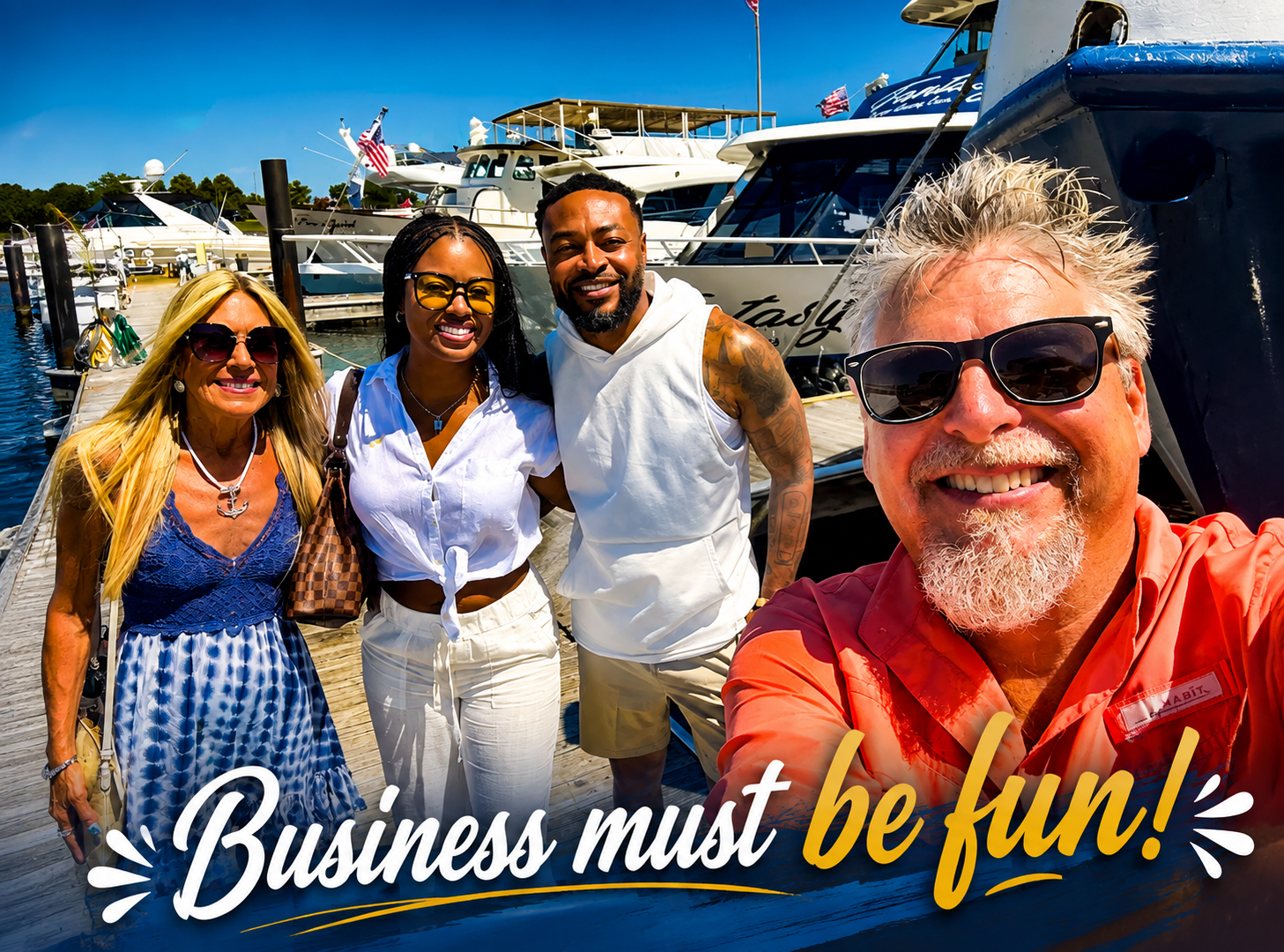 Four guests smiling together at a marina during a Black Chips Partners cruise
