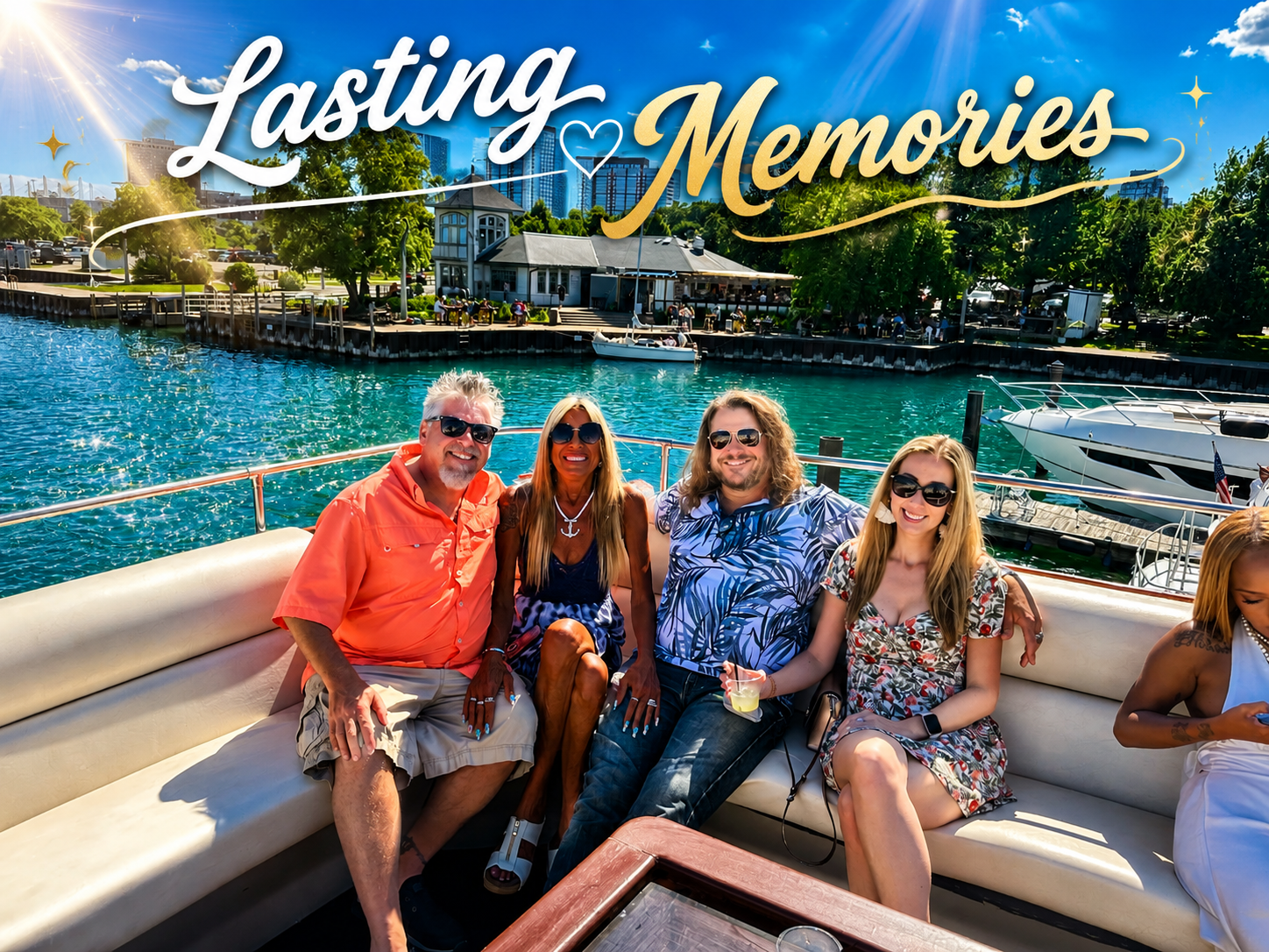 Cruise guests creating lasting memories on a boat near the waterfront