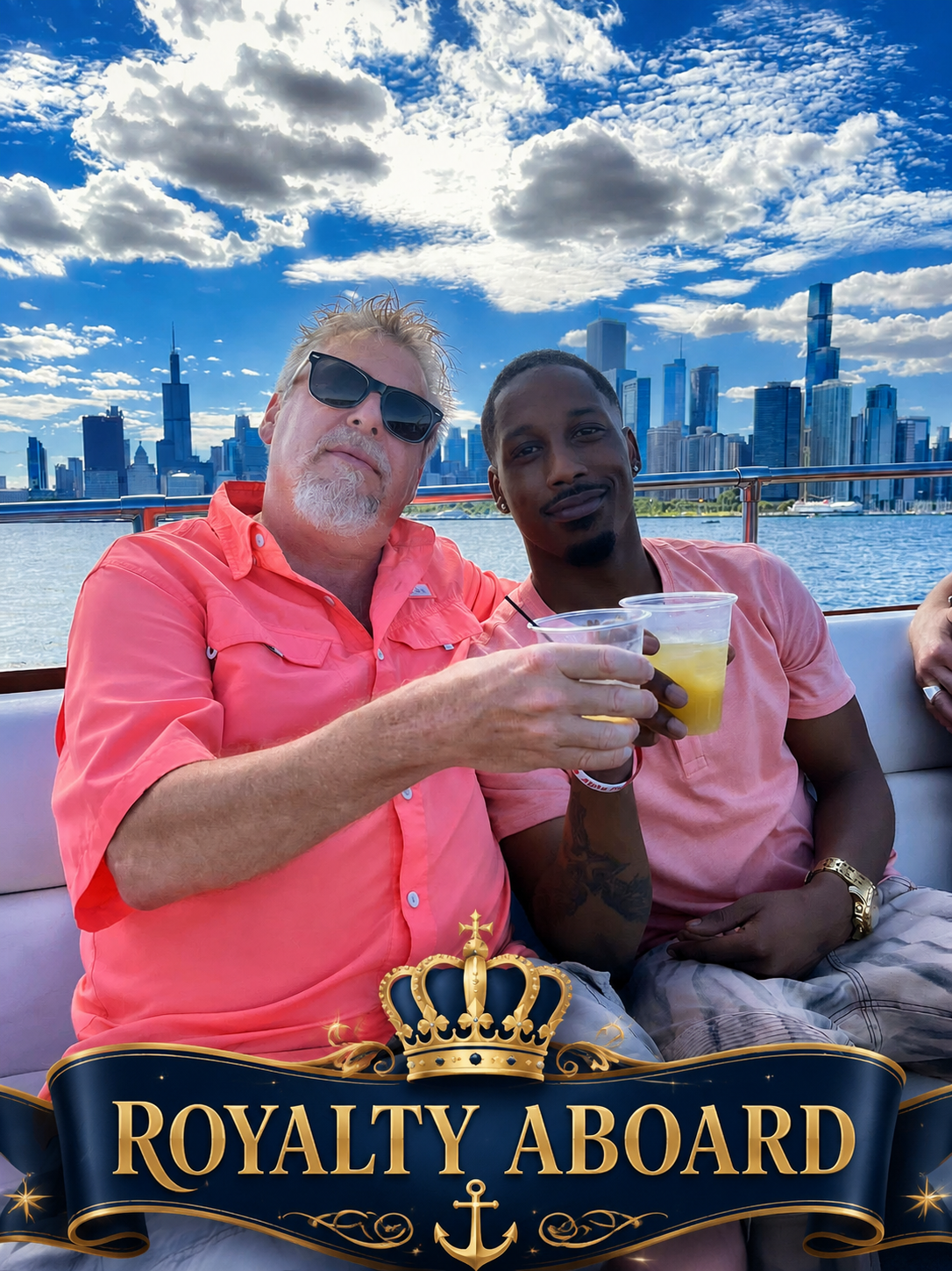 Two cruise guests seated together with the Chicago skyline behind them