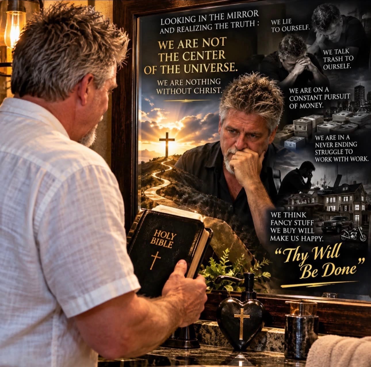 Man looking in mirror holding Holy Bible — Looking in the mirror and realizing the truth: We are not the center of the universe. Thy Will Be Done.