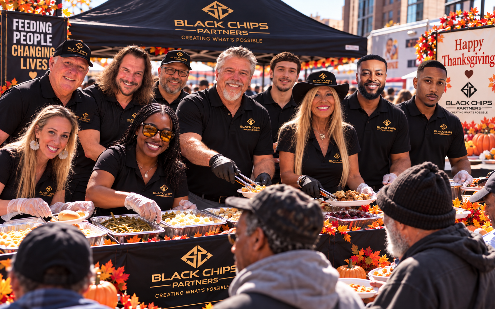 Black Chips Partners team serving food together at a Thanksgiving community event