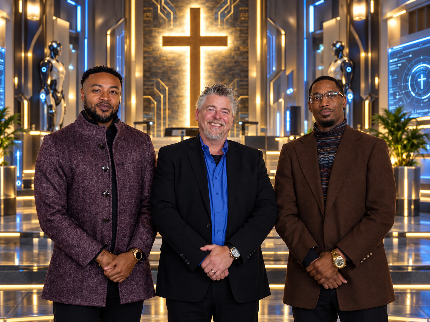 Three BCP team members standing together in a modern illuminated church setting