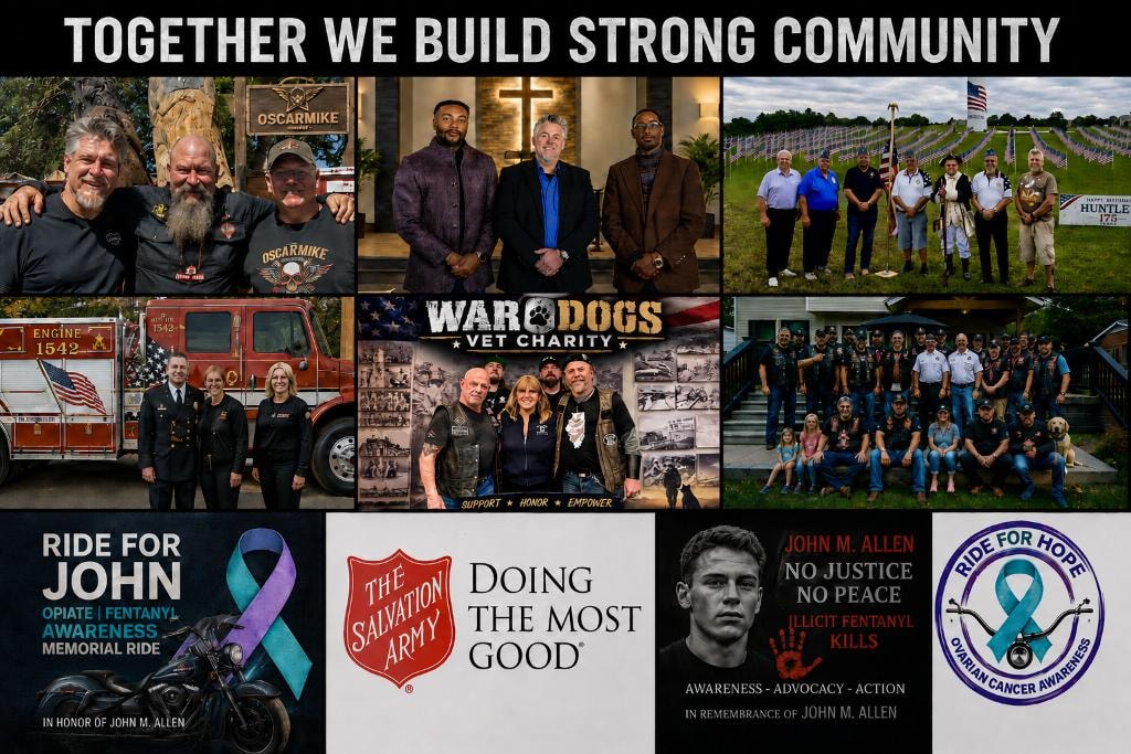 Together We Build Strong Community — Black Chips Partners members supporting veterans charities, the Salvation Army, War Dogs Vet Charity, Ride for John, and Ride for Hope